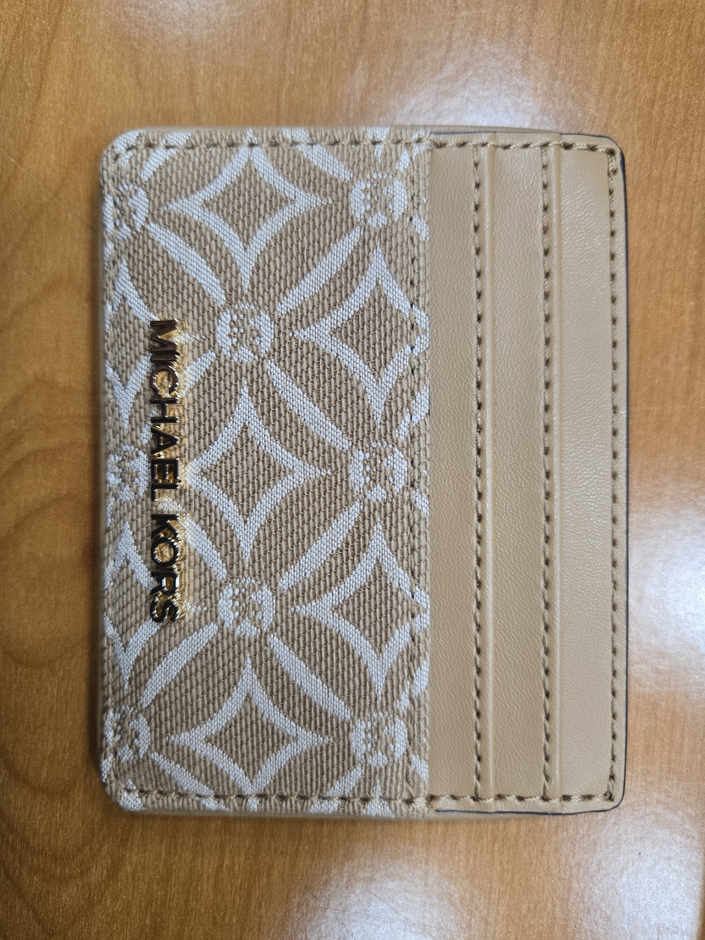 Michael Kors Beige and Cream Patterned Card Case with Gold Logo